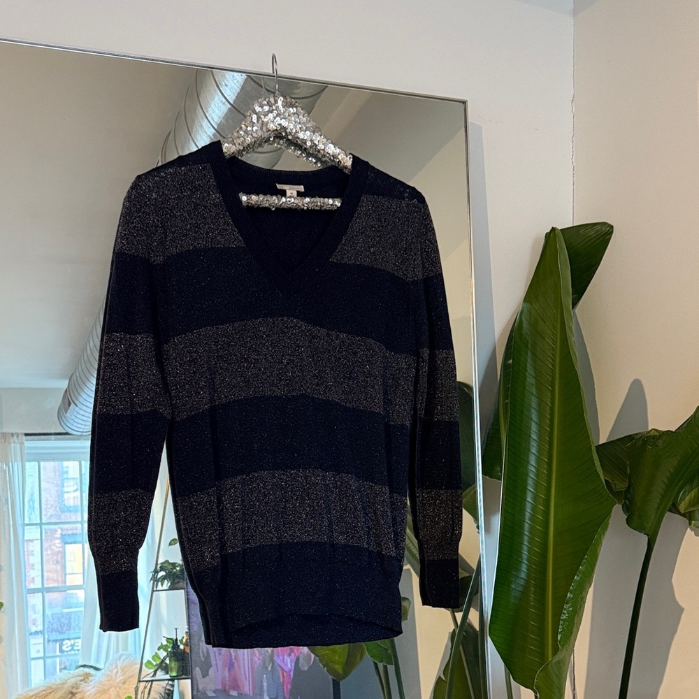 Gap Women’s Lurex Plaited Varsity Navy V Neck Striped Lightweight Sweater